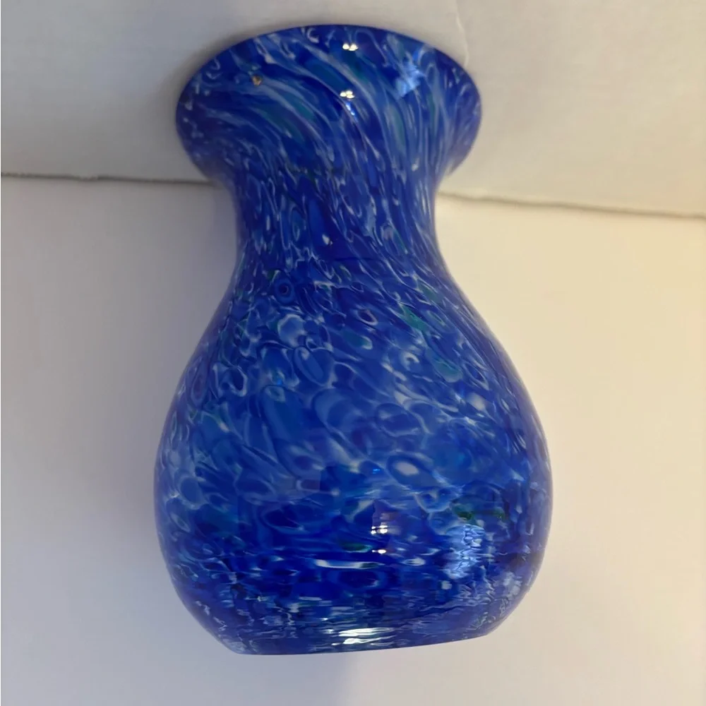 Cobalt Blue Vase White Swirl Art Glass Heavy Glass 5.5” Smooth Bottom Home Decor